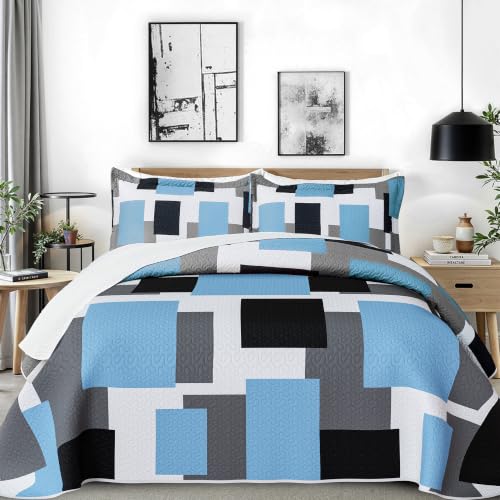 Image of Tyrot 3 Piece Light Blue Quilt King Size Blue White Bedding Set