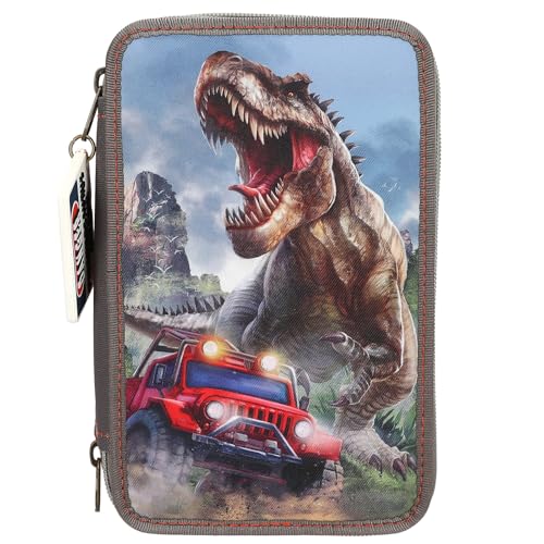 Depesche 13693 Dino World New World - Trousse Ă Crayons Ă 3 Compartiments en Vert Kaki, avec Motif de Dinosaure, Trousse et Bien Plus Encore