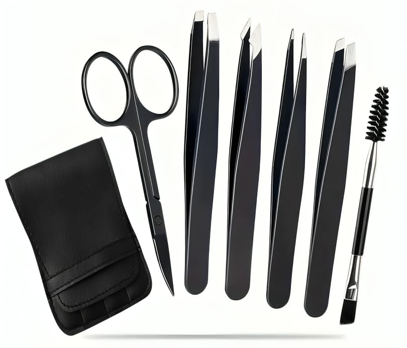 6PCS Professional Eyebrow Tweezers Set for Women & Men | Premium Stainless Steel Precision Tweezer Kit for Eyebrows, Ingrown Hair & Facial Hair Plucking | Slant, Pointed & Flat Tip Tweezers with Case-image-6