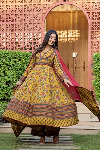 Image of Pistaa's Women's Pure Cotton Anarkali Floral Printed Kurta with Palazzo & Dupatta Set