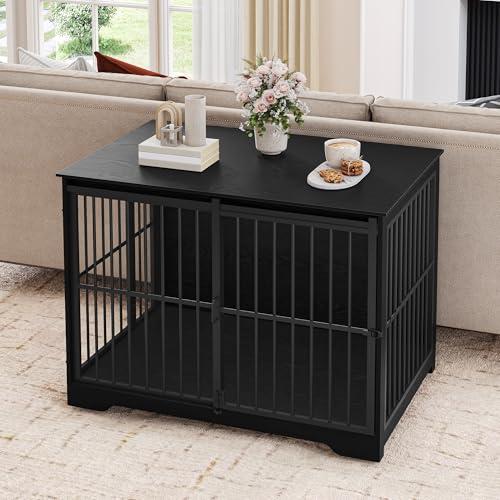 Hzuaneri Hundekäfig Möbel, 110cm Hundebox, 2 Türen, Moderne Hundekäfig Indoor für kleine/mittlere/große Hunde, Beistelltisch, Verstärkte Schiebetür, 110 × 65 × 81 cm, Schwarz DFC84404B
