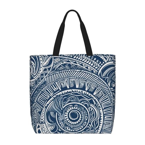 (Blue Polynesian Maori Tribal Pattern) Large Reusable Tote Bag For Women Foldable Washable Shoulder Bag For Shopping Beach Travel Gym Work Stylish Gift Bag