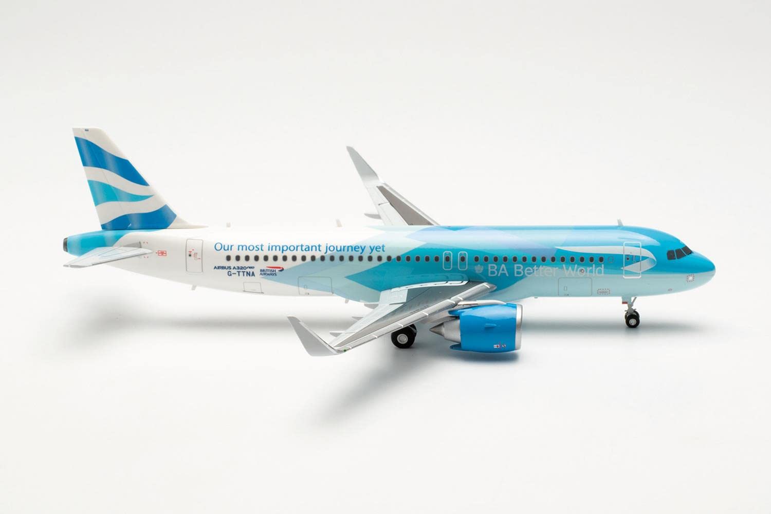 Aeromodello Herpa della Airbus A320neo"British Airways- BA Better World"" scala 1:200 - modello di aereo, modello di aereo da collezione, miniatura deco, aereo senza supporto in plastica