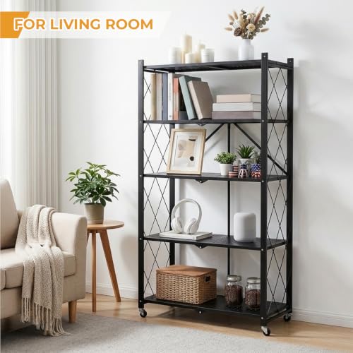 Image of COKIHOM 5 Tier Foldable Storage Shelf with Wheels, Heavy Duty Metal Rolling Shelf Rack, No Assembly Wire Shelving Unit for Kitchen, Books, Living Room, Pantry, Garage, Office, Bedroom, Black