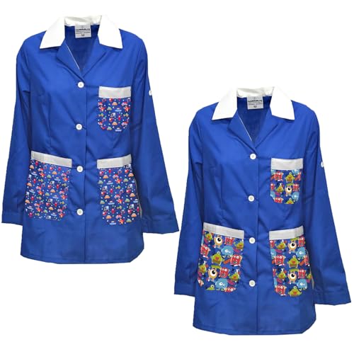 Coppia di 2 Camici Grembiule Camice con Fantasia per maestre Insegnanti Asilo Scuola Infanzia Colore Royal Taglia M