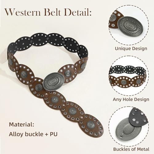Disc Boho Western Belt for Women–Stylish Chunky Cowgirl Belt with Metal Buckle,PU Leather,Perfect for Dresses & Jeans (Coffee)2