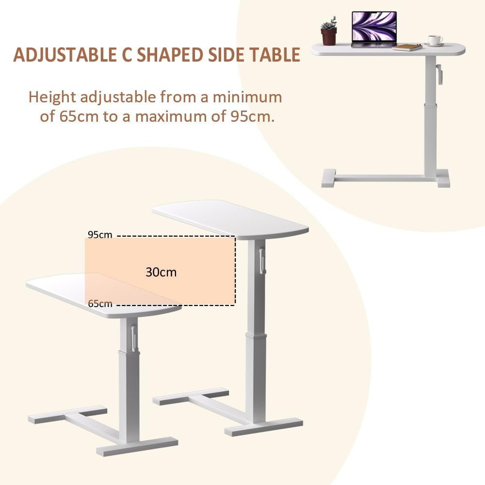 Mesita Auxiliar de Altura Regulable, mesita de Noche con Ruedas, Forma de C, de Madera y Metal, para salón, Dormitorio u Oficina, Capacidad de Carga de 50 kg, 80 x 40 x 65-95 cm.