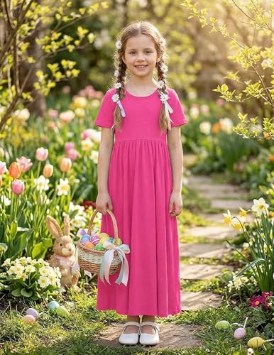Image of Arshiner Girls Maxi Dress Long /Short Sleeve Casual Holiday Dress with Pockets for 5-13 Years