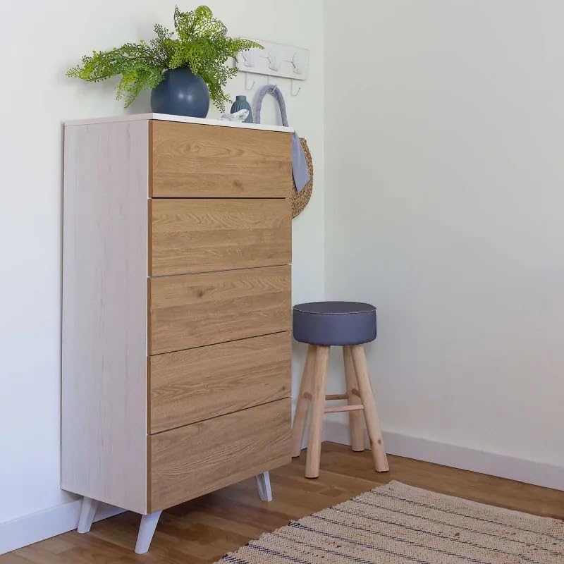 Sinfonier con 5 Cajones y con Patas, Comoda Cajonera Dormitorio, Color Roble y Blanco, 60cm (Ancho) x 118,5cm (Alto) x 37,8cm (Fondo)