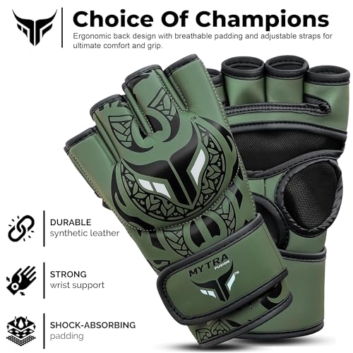 MMA Handschuhe Männer und Frauen — Atmungsaktives Offenes Handflächendesign Grappling & MMA Sparring Handschuhe mit Handgelenkstütze für Kickboxen, Muay Thai & Kampfsporttraining (Olivgrün, L/XL)
