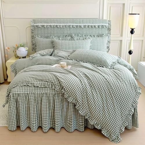 Image of LifeTB Queen Comforter Set Green Gingham Comforter Vintage Ruffle Checkered Pattern Comforter Set Chic Grid Plaid Bedding Comforter Lightweight Fluffy Soft Gingham Bedding Set Queen Breathable