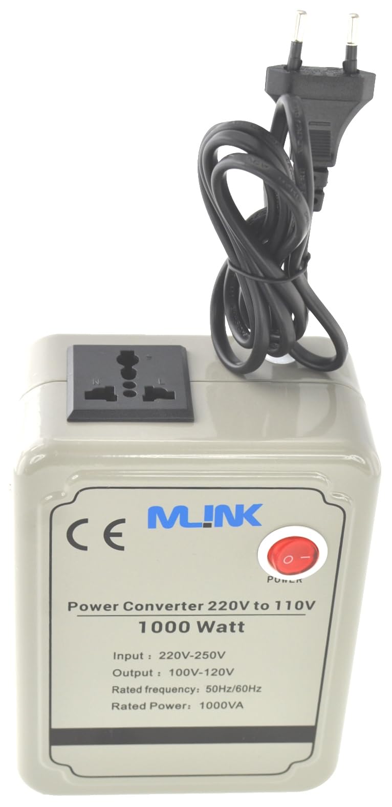 Mlink Transformador de Voltaje 220V a 110V 1000W Toroidal Onda Senoidal Enchufe Universal Carcasa Metalica