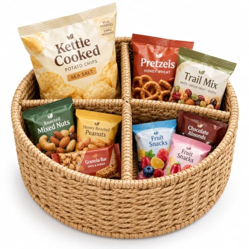 Snack Organizer for Countertop, 4-Compartment Woven Snack Caddy Basket