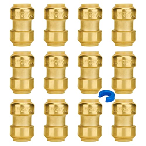 Image of SUNGATOR 3 /4 Inch Coupling, Push Pex Fittings 3 /4 Inch, Brass, 12-Pack | Push-to-Connect Plumbing Fittings, for Pex Pipe, Copper, CPVC, with 1 Disconnect Clip