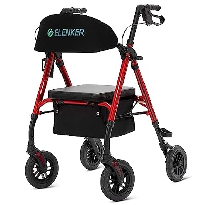 ELENKER All-Terrain Rollator Walker with 8 Non-Pneumatic Wheels, Sponge Padded Seat and Backrest, Fully Adjustment Frame for Seniors,Red