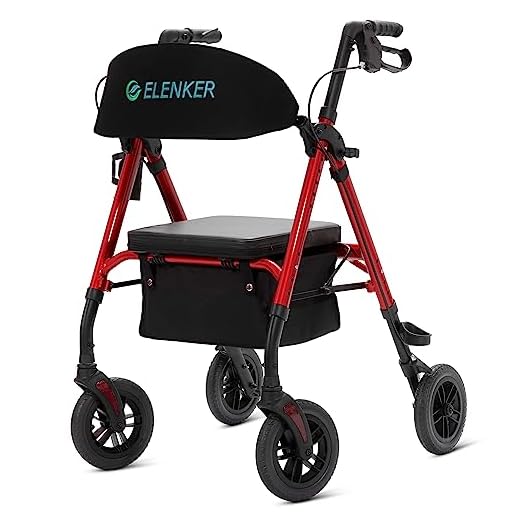 ELENKER All-Terrain Rollator Walker with 8” Non-Pneumatic Wheels, Sponge Padded Seat and Backrest, Fully Adjustment Frame for Seniors,Red