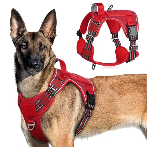 rabbitgoo Hundegeschirr Grosse Hunde, Anti Zug Geschirr Hund Verstellbar mit Griffe Verbreitert, Robust und Verschleißfest, Taktisches Hundegeschirr mit Metallschnallen zum Wandern(XL, Rot)