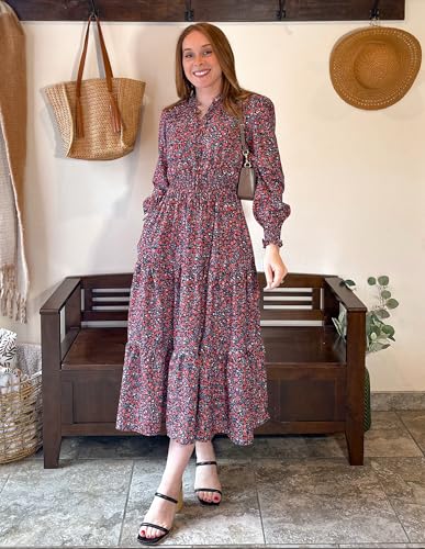 GRACE KARIN 2025 Women's Summer Floral Midi Dress Boho Long Sleeve V Neck Ruffle Casual A Line Flowy Dresses with Pocket4