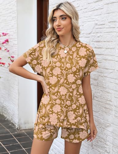 Image of LOMON Womens Fashion 2 Piece Outfits Sweatsuits 2026 Summer Short Sleeve Loungewear Tracksuit Round Neck Lounge Shorts Sets