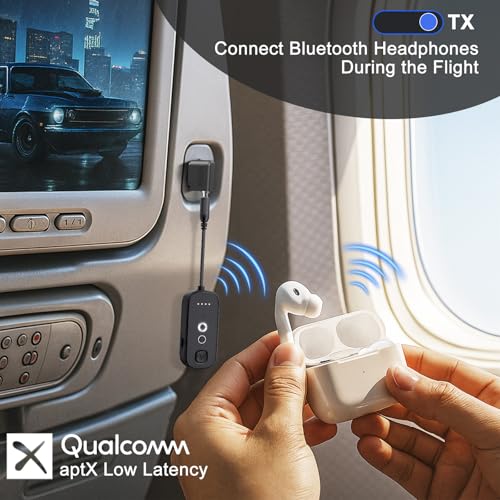 Bluetooth Transmitter Receiver with Airplane Adapter: Wireless Audio Transmitter for 2 AirPods/Headphones - 20+ Hr Battery Works USB Charging with 3.5mm Jack AUX for Flight,Gym,Car,TV,Tablet,Travel - image 3