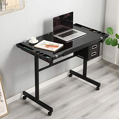 Dlandhome Glass Drafting Table 41Inch Adjustable Drawing Table Craft Station Center With 2 Storage Drawers, Ut-Dt1033-Bk #TOP3
