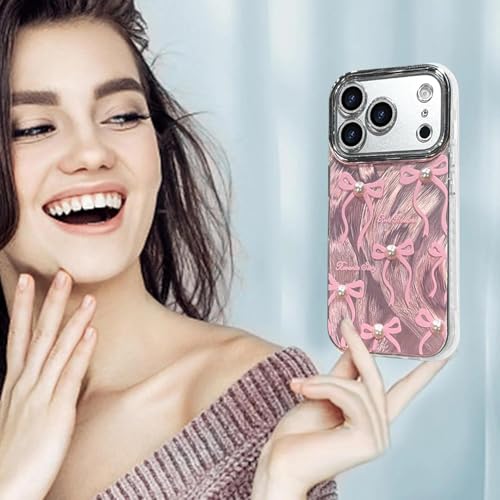 Image of VONZEE Compatible with iPhone 17 Pro / 18 Pro Case Luxury Pink Girly Cute 3D Bow Pearl Glitter Bling Case with Full Camera Protection Shockproof PC+TPU Glossy Shiny Cover for Girls Women, Pink