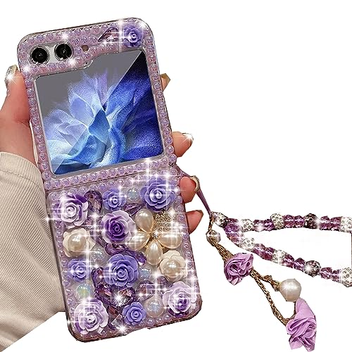 Changjia Samsung Galaxy Z Flip 5 Glitter Bling Case,Cute Luxury 3D Crystal Rhinestone Diamond Flowers Sparkle Stunning Stones Pearl with Wrist Strap Women Girls Case for Galaxy Z Flip 5 5G (Purple)