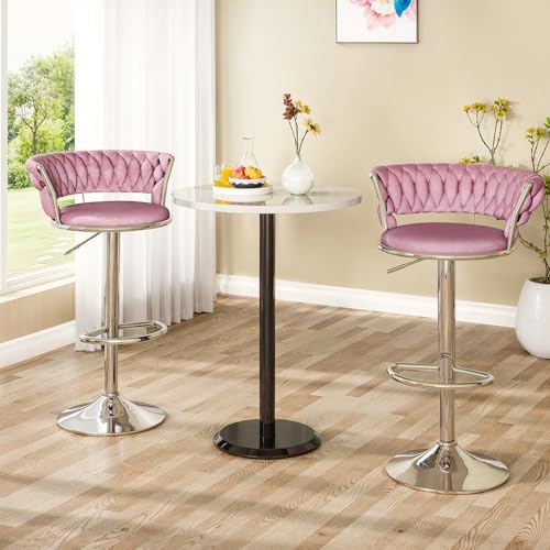 Image of Lamerge Velvet Bar Stools Set of 2,Swivel Bar Chairs Counter Adjustable Height Barstools with Back & Footrest,Upholstered Kitchen Island Chairs for Pub(2PCS Pink)