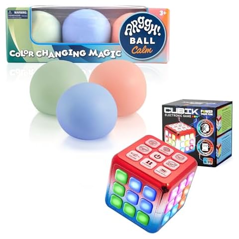Power Your Fun Cubik LED Flashing Cube Memory Game (Metallic Red/Blue)- 5 Brain Memory Games for Kids STEM Sensory Toys Bundled with Arggh Calm Mini Stress Balls - 3pk Squishy Stress Balls Cover