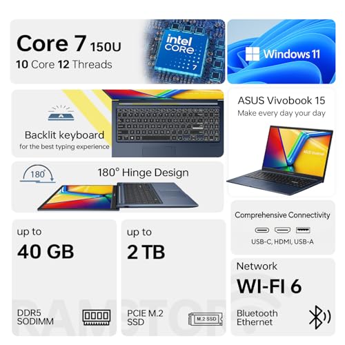 Image of ASUS Vivobook 15 Laptop, Core 7 150U(5.4GHz, >i7 1255U), 15.6 inch FHD Touchscreen, 16GB DDR5 RAM, 1TB SSD, Fingerprint for Secure Login, Backlit Keyboard, Win11 Pro for Professionals, Blue, PCO Bundle