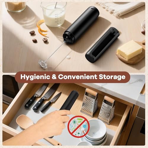 Image of Rechargeable Milk Frother Handheld, Portable Hand Mixer Frother Wand Drink Mixer for Coffee, Latte, Matcha, Cappuccino, Frappe with cover kitchen gifts (Matte Black)