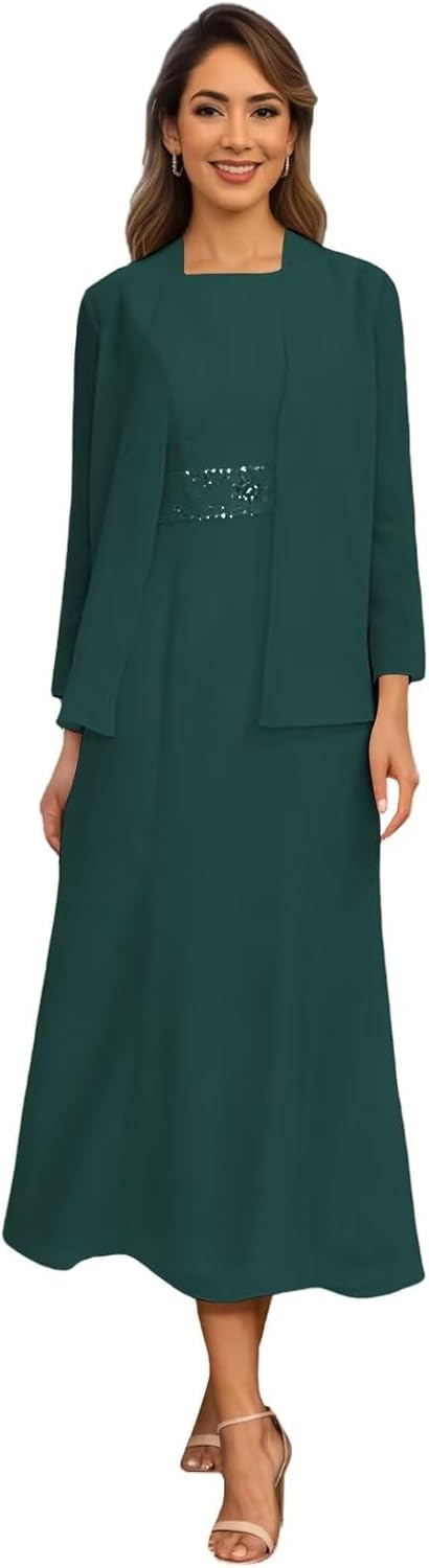 2 Pieces Tea Length Mother of The Bride Dresses Long Sleeve Chiffon Formal Wedding Guest Dress with Jacket