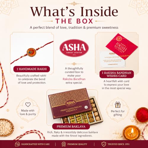 Image of ASHA SWEETS Rakhi Celebration Combo Pack with Baklava (500gm), 1 Handmade Rakhi & Wish Card Set for Gifting to Brother & Sister |Premium Rakhi Festive Gift Box for Family & Friends & Pets