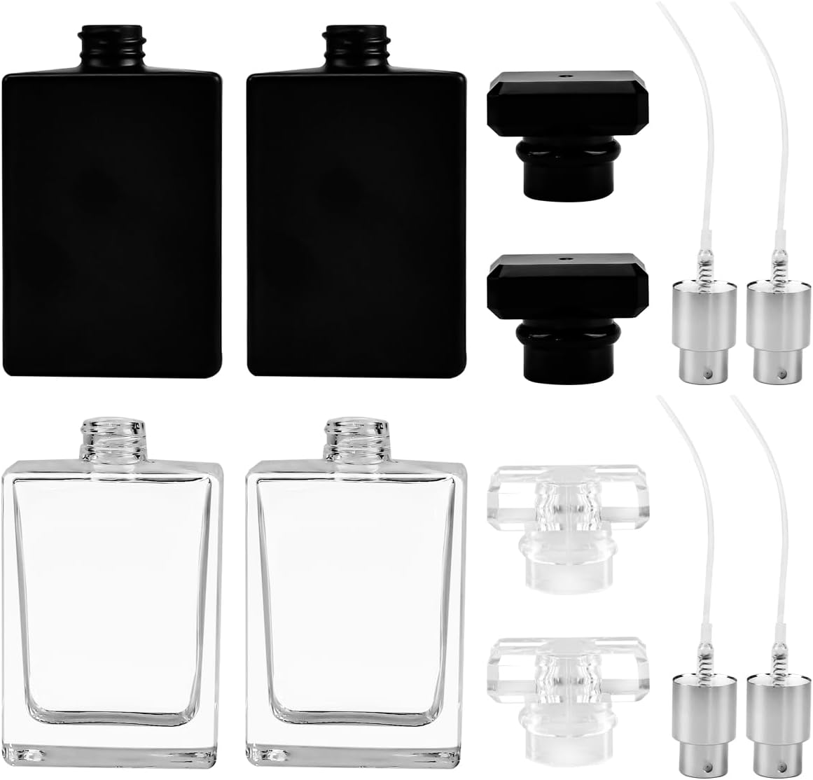 Enenes Glazen navulbare parfumfles, 4 stuks draagbare vierkante lege glazen parfumverstuiver fles, 30ml/1 oz. Spray glazen fles verstuiver container (30 ml, wit+zwart)