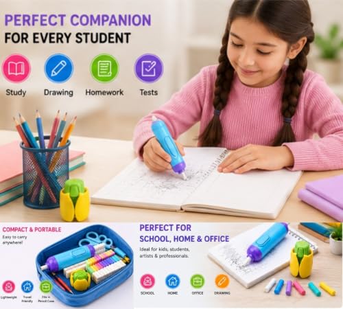 Image of Cute Electric Eraser for Kids with Fan & 30 Refills Battery Operated Automatic Electric Eraser Portable Pencil Eraser Multicolor & White Refills |School Stationery Gift for Boys & Girls |Random Color