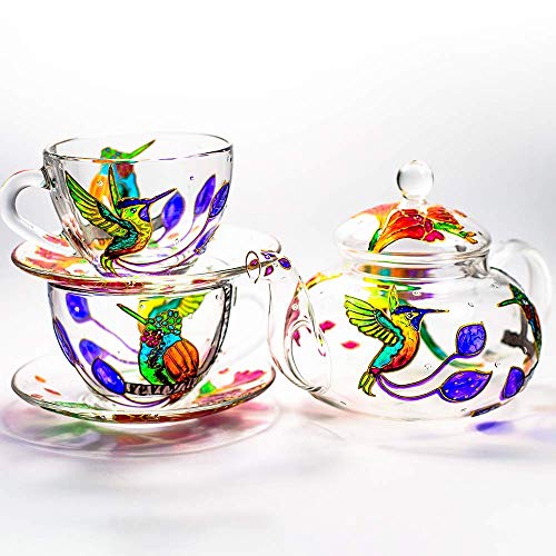 Hummingbird and Flowers Teapot with 2 Cups and Saucers - Wedding Gift for Mom - Elegant Tea Set Women Hand Painted Personalized Mothers Day Gift Luxurious Tea Accessories Tea Party Gift