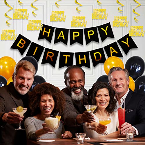 Image of Party Propz 43 Pcs Black & Gold Happy Birthday Banner, Balloons, Swirls Decoration Combo for 21st / 30th / 40th / 50th / 60th / Women /Adult /Kids Birthday Decoration