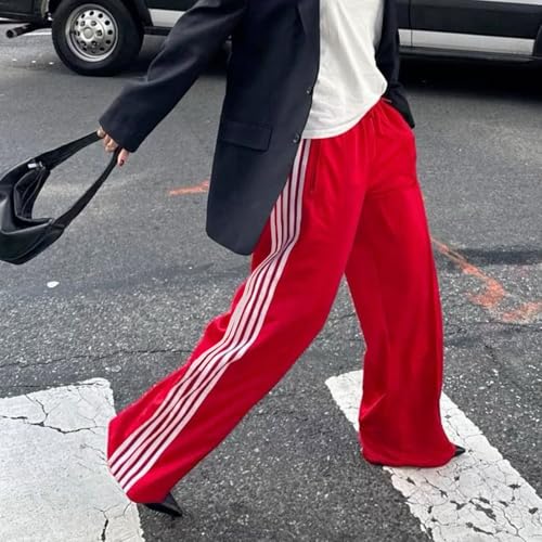 Women Side Striped Track Pants Y2k Drawstring Waist Wide Leg Cargo Sweatpants Casual Loose Jogger Lounge Pants3