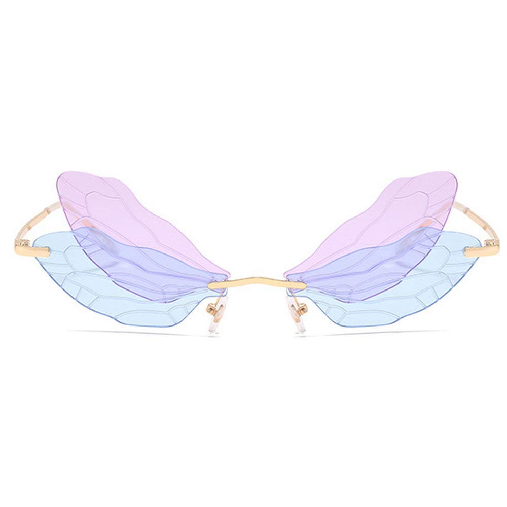 Fashion Rimless Dragonfly Wing Sunglasses Women Vintage Clear Ocean Lens Eyewear Men Pink Yellow Sun Glasses Shades UV400 (blue&purple)