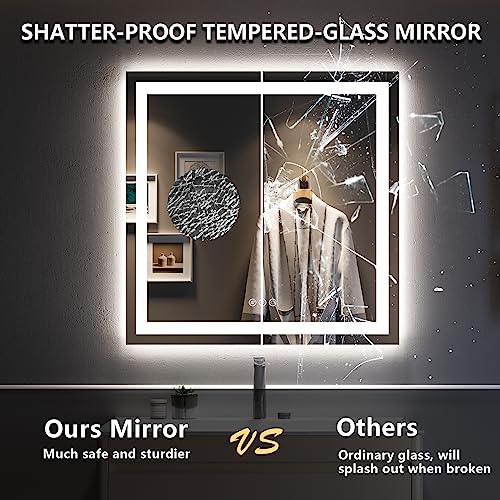 Image of 36x36 Inch LED Bathroom Mirror with Lights Front and Backlit Lighted Vanity Mirror for Bathroom Wall with 3 Colors Dimmable Anti-Fog Memory Shatter-Proof IP54 Waterproof Horizontal /Vertical