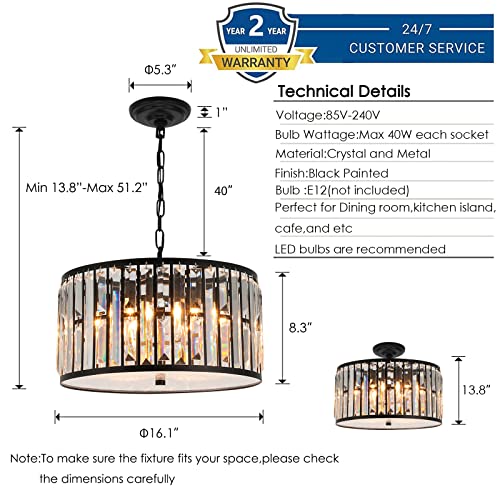 Weesalife Black Crystal Chandeliers Farmhouse Pendant Lighting 6 Ligths Modern Round Ceiling Light Fixture For Bedroom Dining Room Kitchen Island Living Room Entryway Bar #TOP5