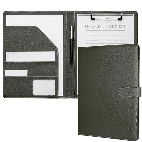 Mymazn Carpeta Portadocumentos A4 Carpeta con Pinza,Portafolios A4 de Piel, Protège-document Pour Bloc-notes Standard de Format Avec Poche Intérieure(Verde Oliva)
