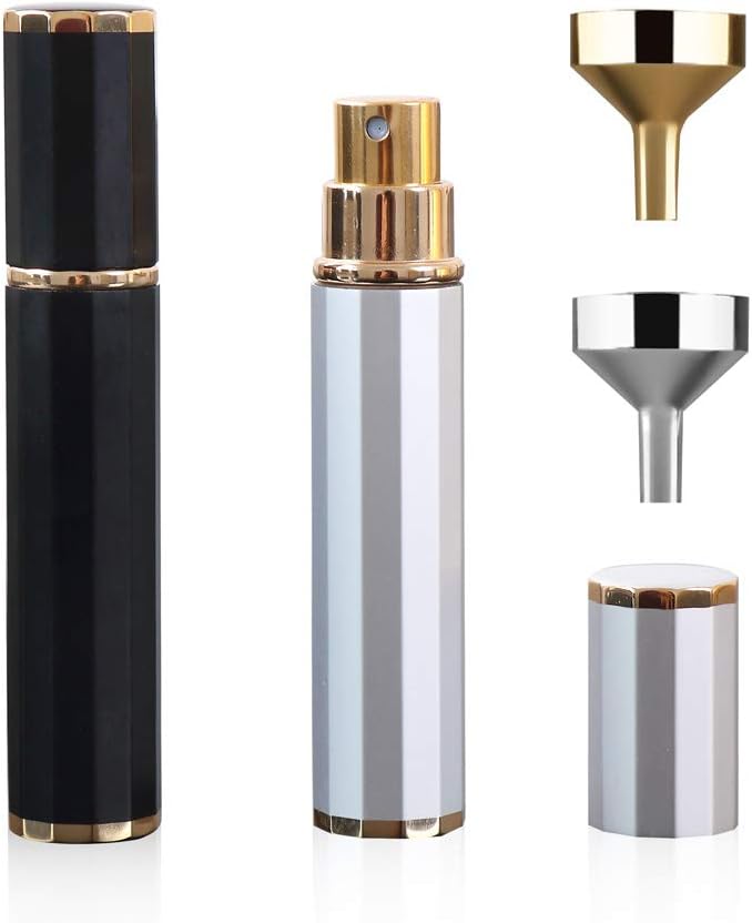 2Pcs Travel Perfume Atomizer Set with Mini Funnel Fillers,8ml Portable Refillable Perfume Spray Bottle for Women/Men(Black+Silver)