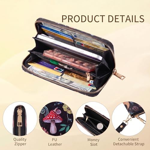 Image of Checkered Highland Cow Print Book Wallet For Women Skull Goth Frog Butterfly Ladies Cluth Wristlet Wrist Strap Long Purse Zip Around Card Holder
