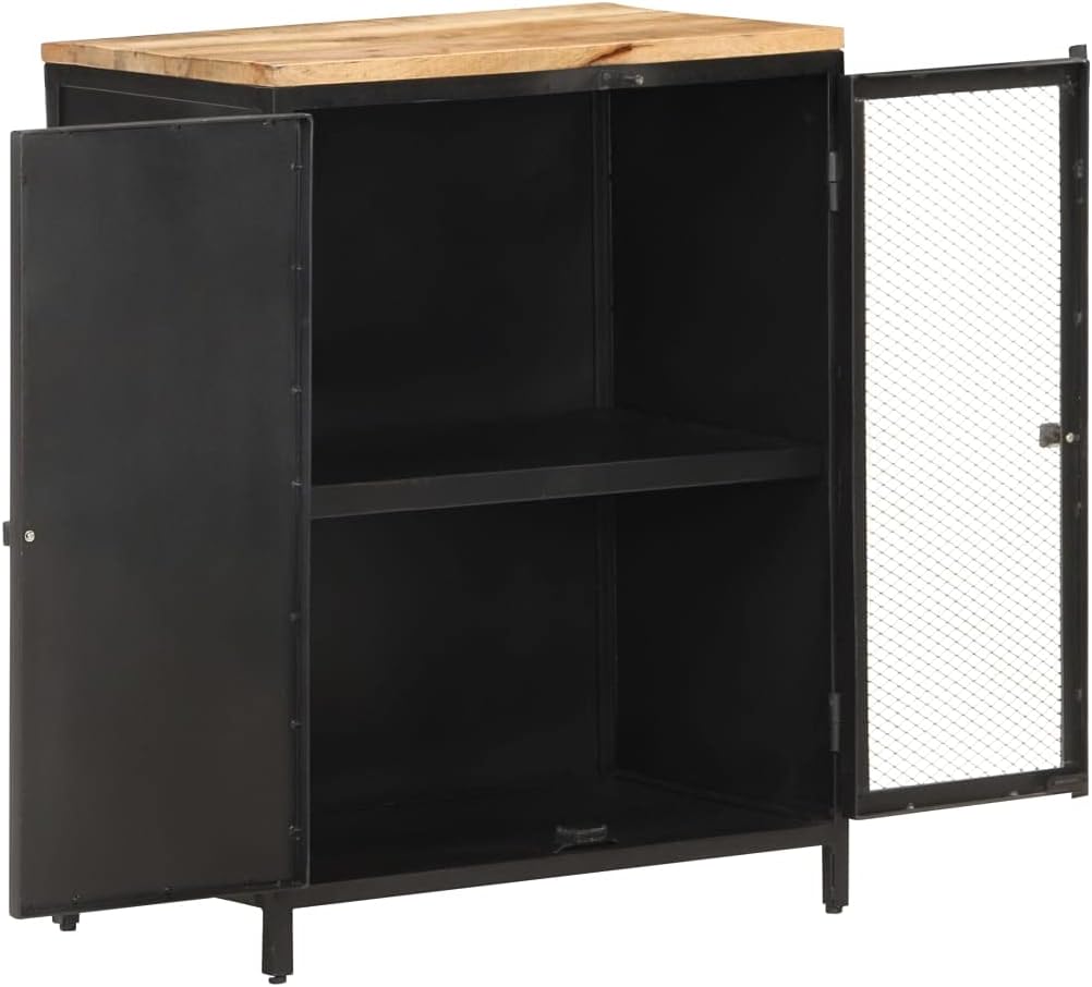Industrial Style Sideboard with Solid Mango Wood and Powder-Coated Iron Frame, 23.6x13.8x30.7 Inches, Black, 2 Spacious Compartments, Includes Mounting Kit for Secure Wall