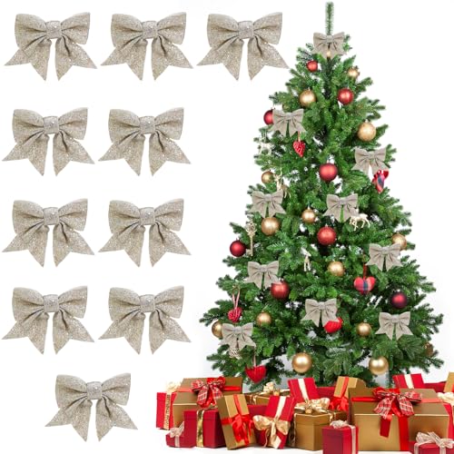 ouhos 10 Fiocchi Rossi di Natale, Champagne Oro con Glitter per Albero di Natale per Feste di Famiglia, Decorazione per Natale, Vacanze, Matrimoni, celebrazioni (Champagne Oro)