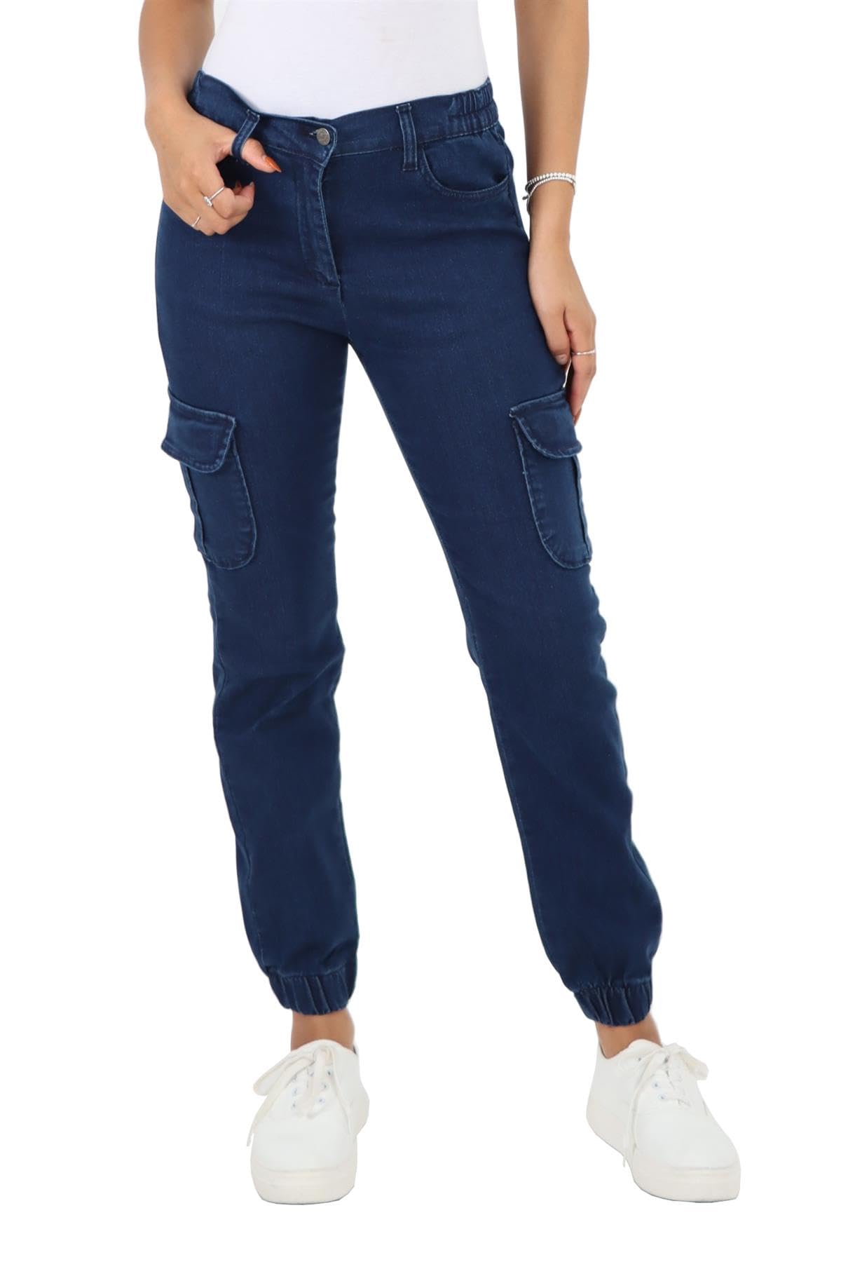 Myt Women's Dark Stonewash Side Elasticed Waist Jeans Cargo Self Cuffed Regular Fit Denim Trousers 22