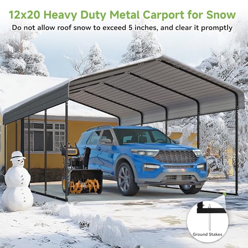 Image of 12x20FT Metal Carport, Heavy Duty Horizontal Roof Canopy with Reinforced Frame and Base for All Seasons, Outdoor Garage Carport for Tractors, Pickup Trucks or Party, Farm Equipment, Gray