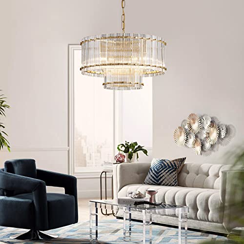 Saint Mossi 21032 Drum Chandelier Light Fixture, Doule Layer Middle Century Modern Design, With 5-Light, D18 X H10, Adjustable 59" Chains, Ripple Glass Shade & Brass Finish Metal Frame #TOP7