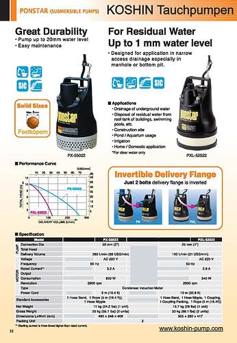 KOSHIN Pompe Vidange Submersible PXL-52522, Fabriqué au Japon, 1″ (25 mm), 120 L/min, 8m